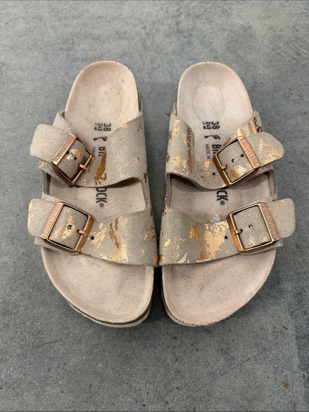 Birkenstock Two-Strap Sandals in Taupe with Gold Metallic Accents